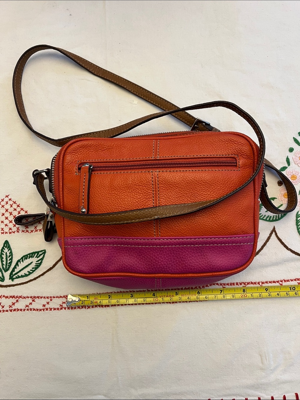 Tignanello Orange Leather Crossbody with Fuchsia Accent